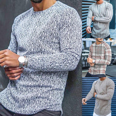 T-shirt Long Sleeve Slim Top Cotton Blend Stripe Plaid Print Male Pullover Sweater