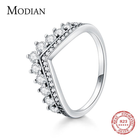 Fashion Sterling Zircon Crown Finger Ring Classic Stackable Silver Jewelry