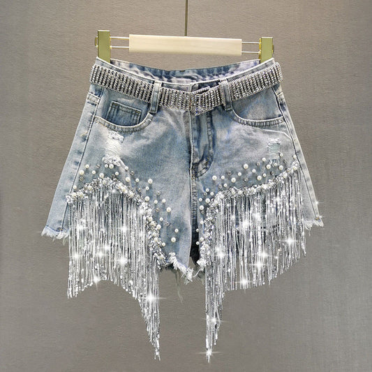 Elegant Shorts Lady Tassel Beading High Waist Wide Leg Denim Shorts