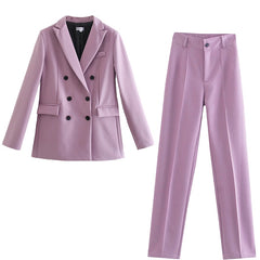 Women Jacket Double Breasted Notched Blazer Office Suit Pantsuit