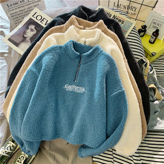 Women Hoodie Lamb Wool Short Half High Collar Sweatshirt