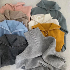 Women Sweater Oversize Zipper Knitted Pullover Long Sleeve Solid Color Lo