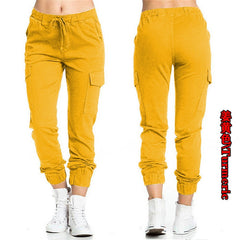 Solid Jogger Women's Cargo Pants Multi-Pocket Drawstring Elastic Waist