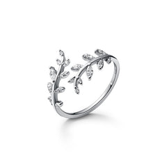 Silver Sweet Romantic Zircon Open Branch Small Leaf Adjustable Ring