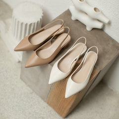 Pointed Toe Back Strap Slingback Women Pumps Genuine Leather Square Heel