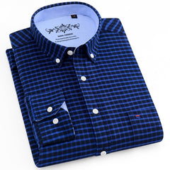 Long Sleeve Oxford Plaid Striped Casual Shirt Front Patch Chest Pocket Regular-fit
