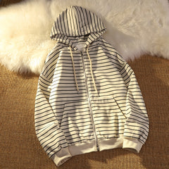 Zip Up Women Korean Style Hoodies For Girls Top Vintage stripe Long Sleeve