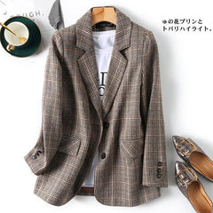 Vintage Single Breasted Office Ladies Plaid Blazer Long Sleeve Loose Plaid Coat