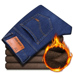 Classic MenRegular Fit Fleece Jeans Business Fashion Loose Casual