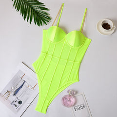 Neon Green Mesh Transparent BodySuit Striped Sleeveless Overalls