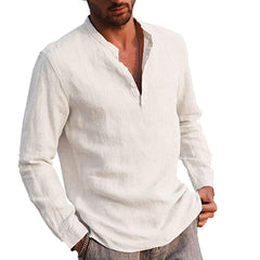 Men’ s Shirt Cotton linen Solid Color Stand Collar Long Sleeve Shirt