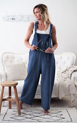 Casual Loose Solid Pockets Jumpsuit Overalls Wide Leg Cropped Pants