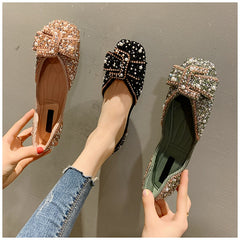 Women Flat Shoes Fashion Bling Rhinestone Flat Ballet Bow-knot Slip On