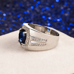 Vintage 925 Silver Men Ring Round Sapphire Gemstone