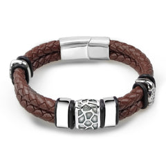 Stainless Steel Irregularly Cracked Bead Bracelet Genuine Braided Leather Male Bracelets