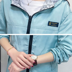 Women Jacket Spring Pocket Zipper Hooded Two Side Wear Outwear