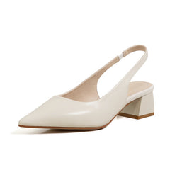 Pointed Toe Back Strap Slingback Women Pumps Genuine Leather Square Heel