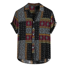 Men Shirt Ethnic Printed Shirts Summer Retro Vintage Streetwear Short Sleeves