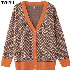 Knitting Sweater Color Matching Diamond Lattice Single-Breasted Loose Casual Knitted Cardigan