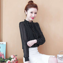 Women Style Chiffon Blouses Shirts Lady Casual Long Sleeve O-Neck Polka Dot