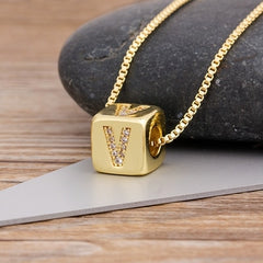 A-Z Initials Micro Pave Copper CZ Cube Letter Pendant Necklaces