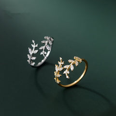 Silver Sweet Romantic Zircon Open Branch Small Leaf Adjustable Ring