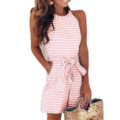 Stripe Jumpsuit Printed O-neck Bandage Sleeveless Long Wide Leg Pants