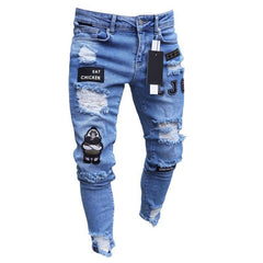 Men Stretchy Ripped Skinny Biker Embroidery Cartoon Print Jeans Destroyed