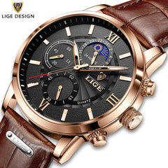 Mens Watches LIGE Top Brand Luxury Leather Casual Quartz Watch