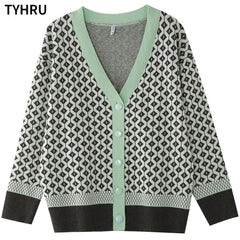 Knitting Sweater Color Matching Diamond Lattice Single-Breasted Loose Casual Knitted Cardigan