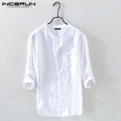 Men Shirt Cotton 3/4 Sleeve Stand Collar Harajuku Tops Solid Color