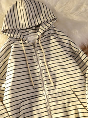 Zip Up Women Korean Style Hoodies For Girls Top Vintage stripe Long Sleeve