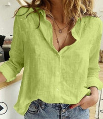 Leisure White Yellow Shirts Button Lapel Cardigan Top Lady Loose Long Sleeve