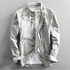 Cotton Linen Shirts Long Sleeve Men Casual Slim Mandarin Collar Shirts