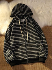 Zip Up Women Korean Style Hoodies For Girls Top Vintage stripe Long Sleeve