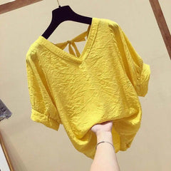 Chic Solid Hollow-out V Neck Lace Blouse Floral Patterns Embroidery