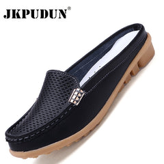 Women Casual Shoes Hollow Out Lady Half Genuine Leather Flats