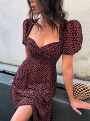 Puff Short Sleeve Women Summer Midi Dress Vintage