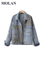 Denim Jacket Vintage Coat Long Sleeve Breasted Leopard-Print Casual Jean