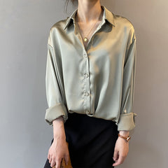 Autumn Fashion Button Up Satin Silk Shirt Vintage Blouse