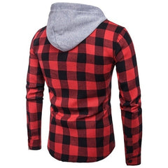 Long-sleeved Hooded Plaid Shirt with Pockets Mens Shirts