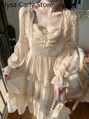 Court Vintage Fairy Dress Sweet Ruffles High Waist Elegant Princess