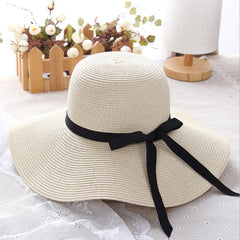 Simple Foldable Wide Brim Floppy Girls Straw Hat Sun Hat Beach