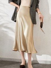 Women High Waisted Skirt Silk Satin Skirts A-Line Elegant Skirts