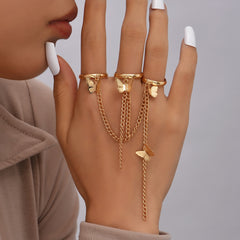 Simple Heart Pendant Chain Link Connected Gold Metal Wide Finger Ring Bracelets