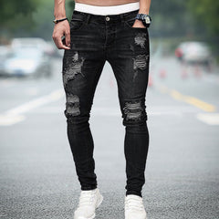 Men Stretchy Ripped Skinny Biker Embroidery Cartoon Print Jeans Destroyed