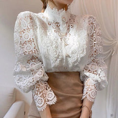 Vintage Solid White Lace Blouse ShirtsLoose Shirt Tops