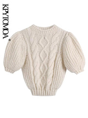 Fashion Cable-Knit Cropped Sweater Vintage O Neck Pullovers Chic Tops