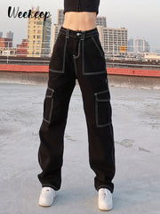 Pockets Patchwork Baggy Fashion Streetwear Denim Trouser Loose Cargo Pants