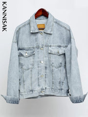 Vintage Women Jacket Oversize Denim Jackets Washed Blue Jeans Coat